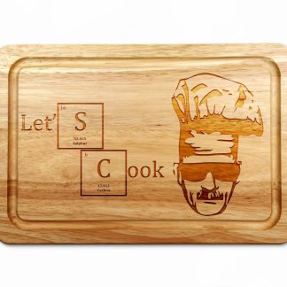 Breaking Bad ‘Let’s Cook’ Wooden Chopping Board on white worktop