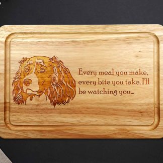 springer spaniel chopping board on a grey worktop