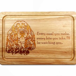 cocker spaniel chopping board on a white worktop