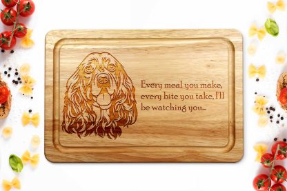 cocker spaniel chopping board on a white worktop