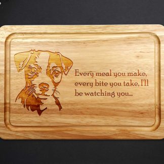 Jack Russell Chopping Board on a dark worktop