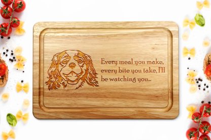 cavalier king charles spaniel chopping board on a white worktop