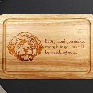 cockapoo chopping board on dark surface