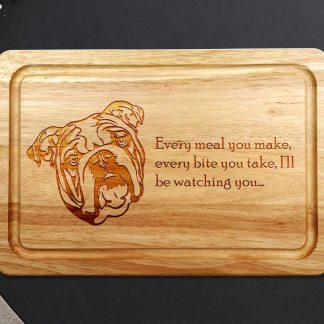 english bulldog chopping board on grey worktop