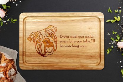 english bulldog chopping board on grey worktop