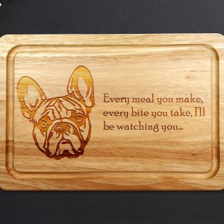 french bulldog wooden chopping board on a grey worktop