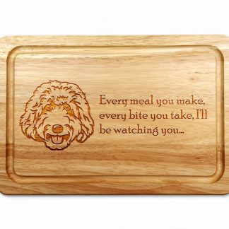 labradoodle chopping board on a white worktop