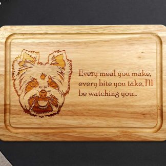 yorkshire terrier chopping board on a dark surface