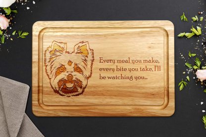 yorkshire terrier chopping board on a dark surface