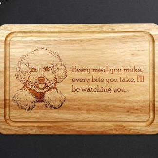 bichon frise chopping board on a grey worktop