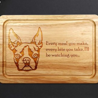 boston terrier chopping board on a grey worktop