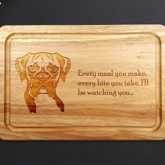 Boxer dog chopping board on a grey worktop