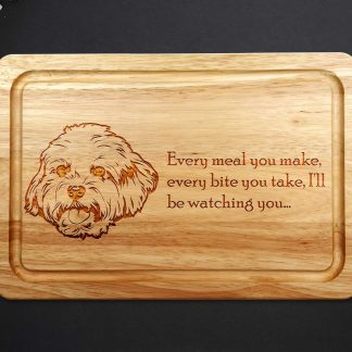 Maltese Terrier chopping board on a grey worktop