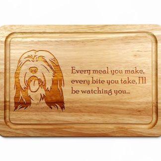 Bearded Collie Chopping Board on a White Worktop