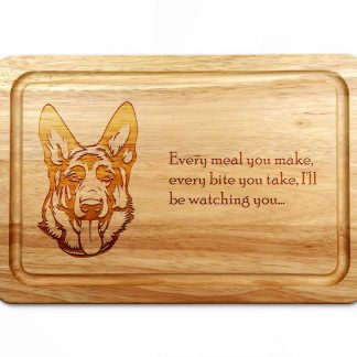 german shepherd chopping board on white worktop