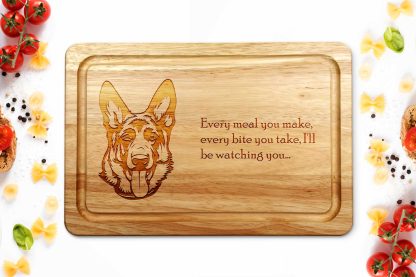 german shepherd chopping board on white worktop