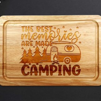 the best memories are made camping chopping board on a grey worktop