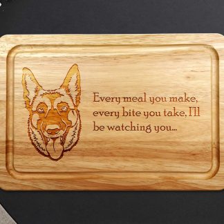 Belgian Malinois chopping board on a grey worktop