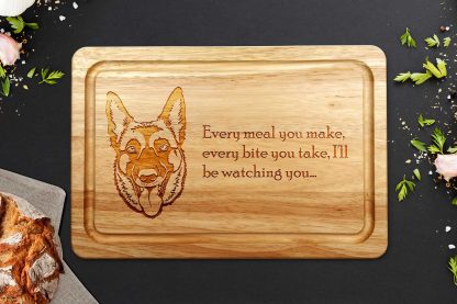 Belgian Malinois chopping board on a grey worktop