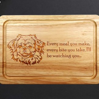 tibetan spaniel chopping board on a grey worktop