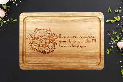 tibetan spaniel chopping board on a grey worktop