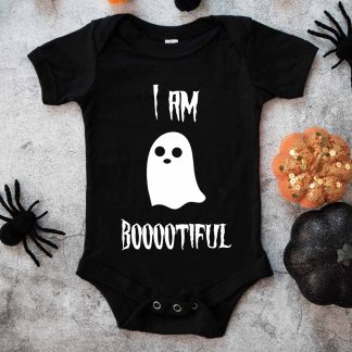 I am bootiful halloween baby onesie on a spooky background