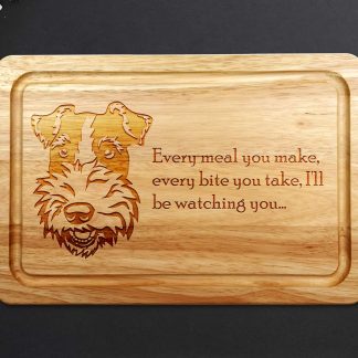 wire fox terrier chopping board on a grey worktop