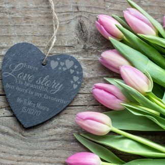 Personalised love story slate hanging heart