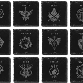 Dungeons and Dragons Class set of twelve slate coasters with text.