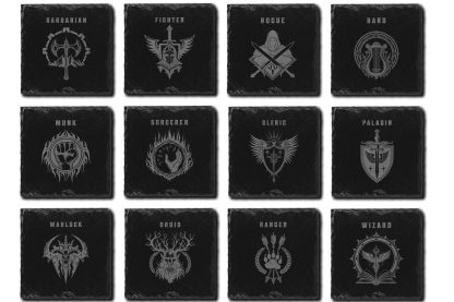 Dungeons and Dragons Class set of twelve slate coasters with text.