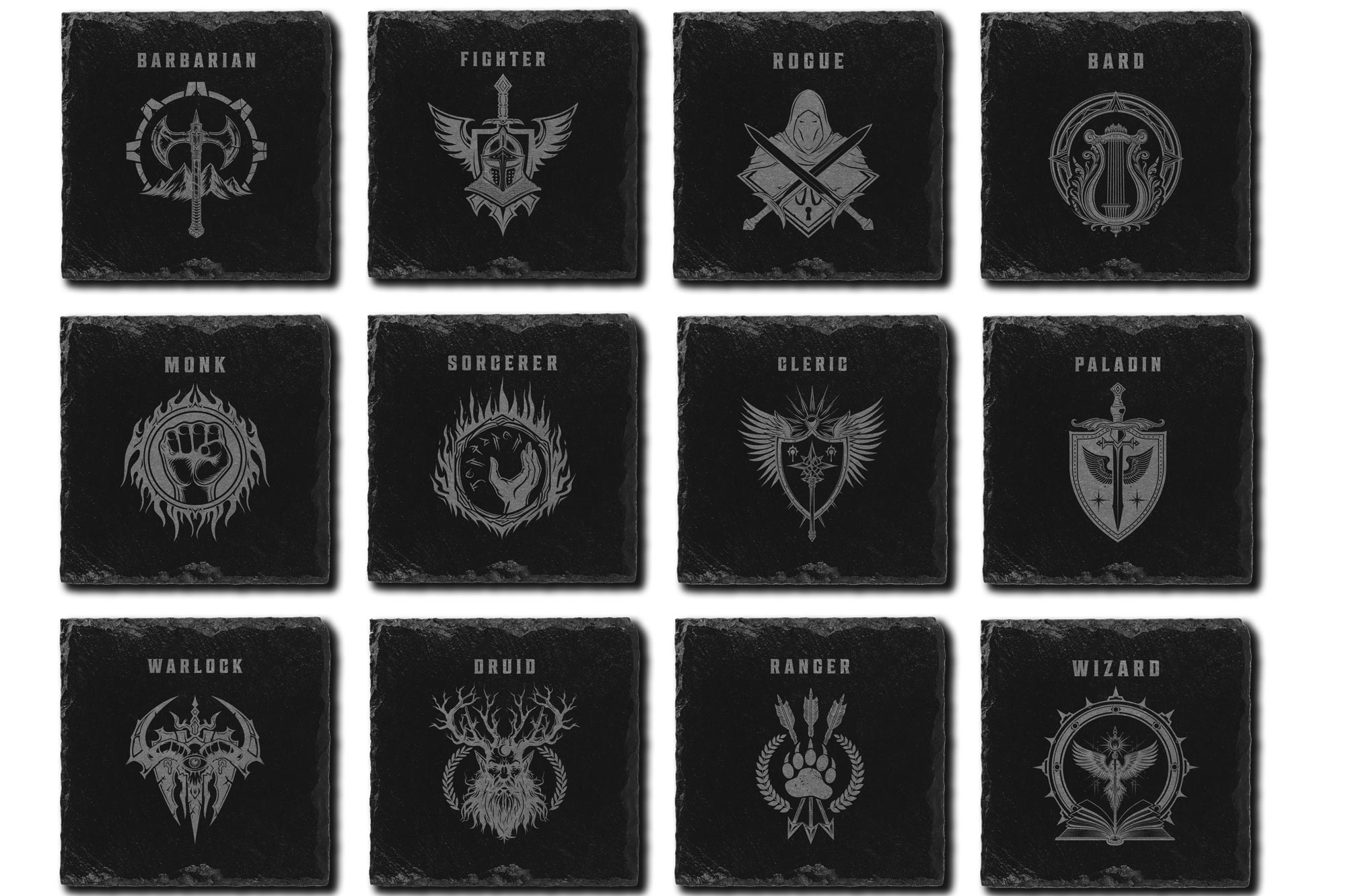 Set of 12 Slate Dungeons & Dragons Class Coasters – Laser Engraved, Pre-Sealed with Rubber Feet – 10cm x 10cm